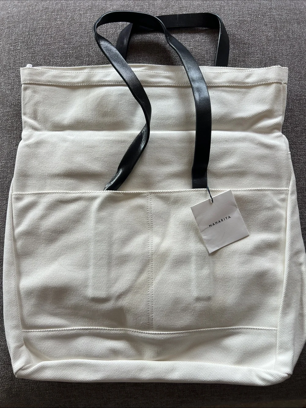 NAHARIYA Cream Canvas Tote with Black Straps
